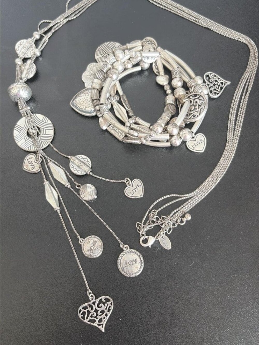 Lia Sophia Silver Tone Necklace & Bracelet Set | Love Hope Joy Charms | Layered